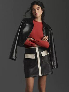 NWT Maeve Anthropologie Colorblock Black & White Faux Leather Mini Skirt XXS